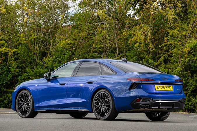 Audi A6 saloon (2025) review: rear three quarter static, blue paint