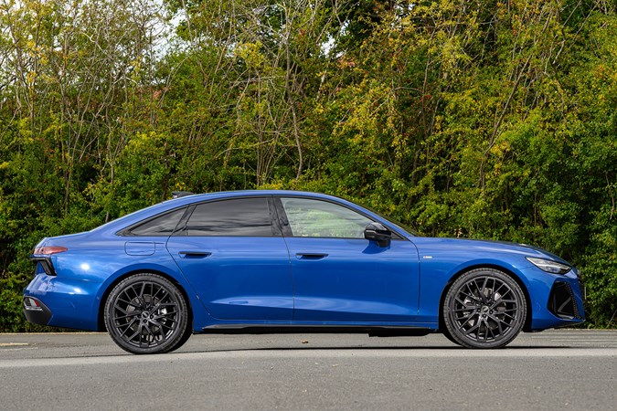 Audi A6 saloon (2025) review: side view static, blue paint