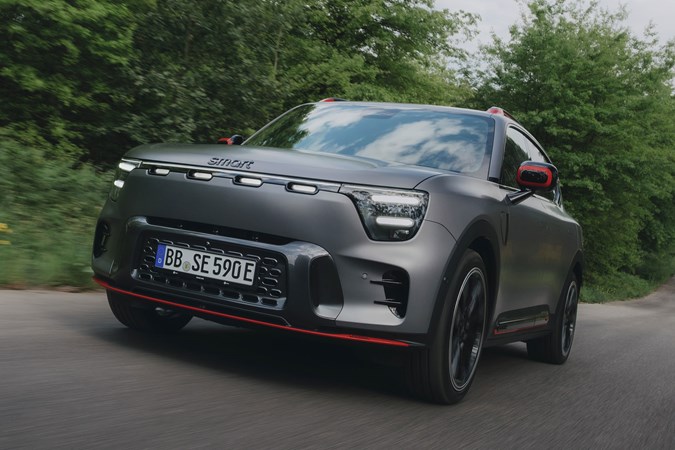 Smart #5 (2025) review: front three quarter driving, matte grey paint, offset angle, Brabus trim