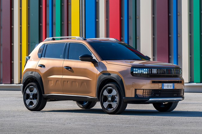 Fiat Grande Panda Hybrid (2025) review: front three quarter static, bronze paint