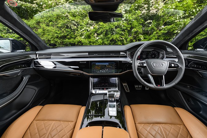 Image of the Audi S8's dashboard, viewed from the back seat