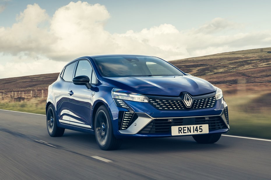 Renault Clio (2023) review: front three quarter driving, country lane, blue paint