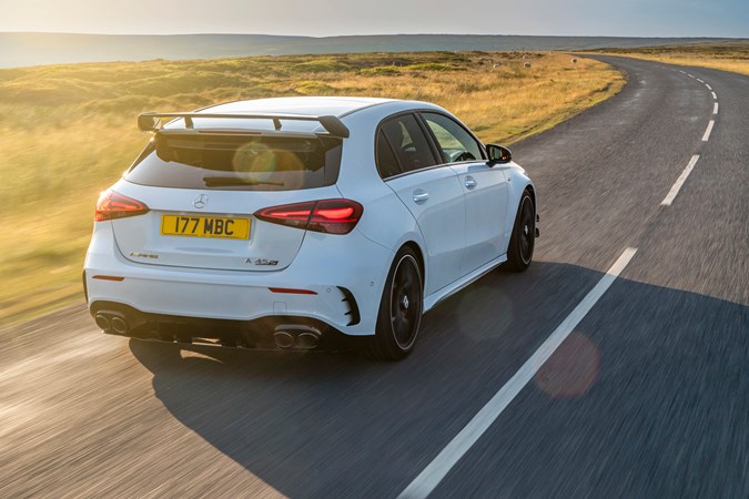 Mercedes-AMG A45 S review - facelift, rear, white, driving