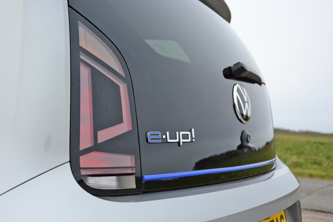 Silver 2020 Volkswagen e-Up tailgate badge detail