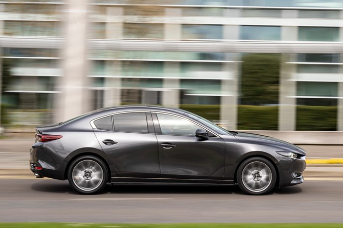 Mazda 3 Saloon review, side, grey