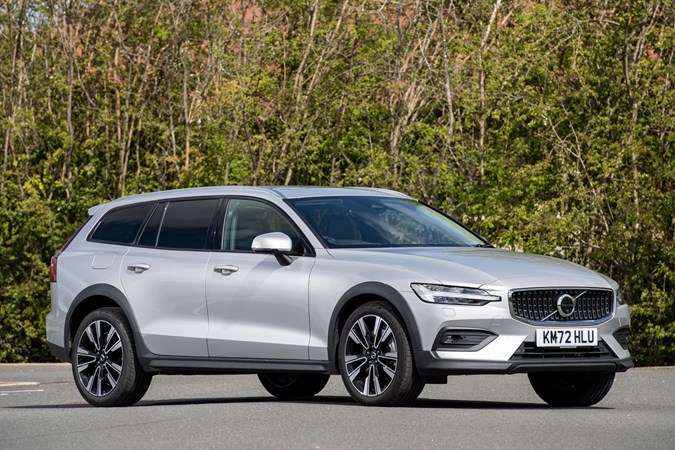 Volvo V60 Cross Country (2023) review: front three quarter static, silver paint, wooded background