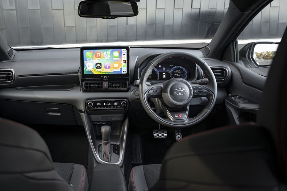 Toyota Yaris, black interior, dashboard, steering wheel | Parkers