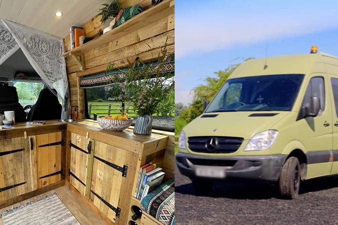 Side-by-side image showing a Mercedes Sprinter campervan conversion and its rustic interior