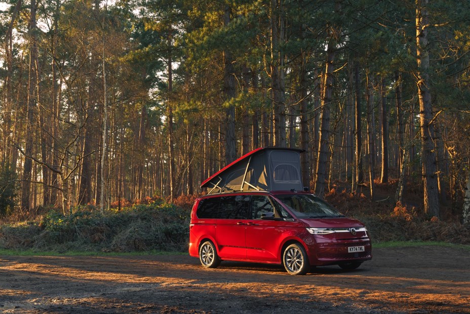 Volkswagen California campervan off-grid in woods