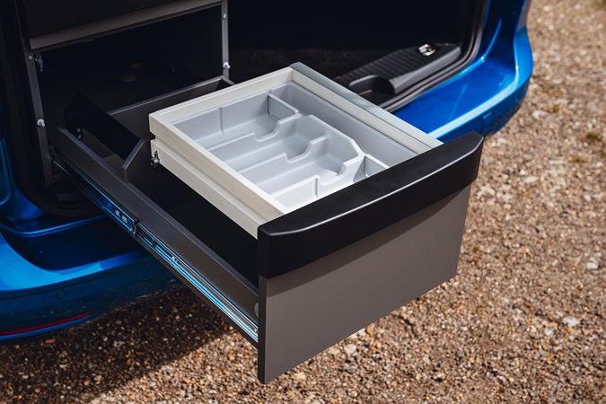 VW Caddy California campervan review - storage and cutlery drawer on rails