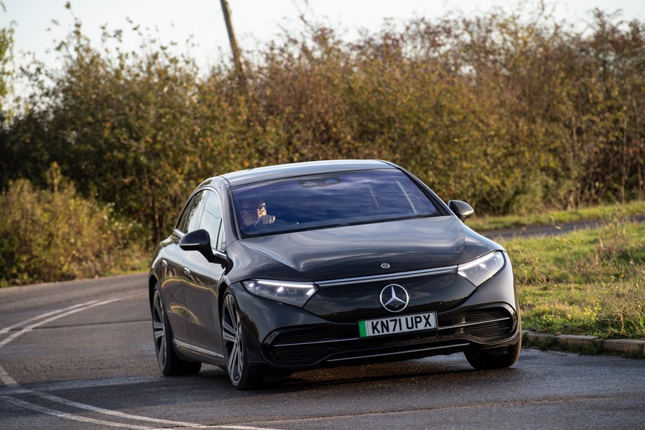 Mercedes EQS review - front view, driving round corner