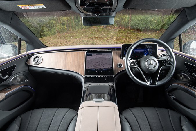 Mercedes EQS review - interior, dashboard, boat-deck wood, no Hyperscreen