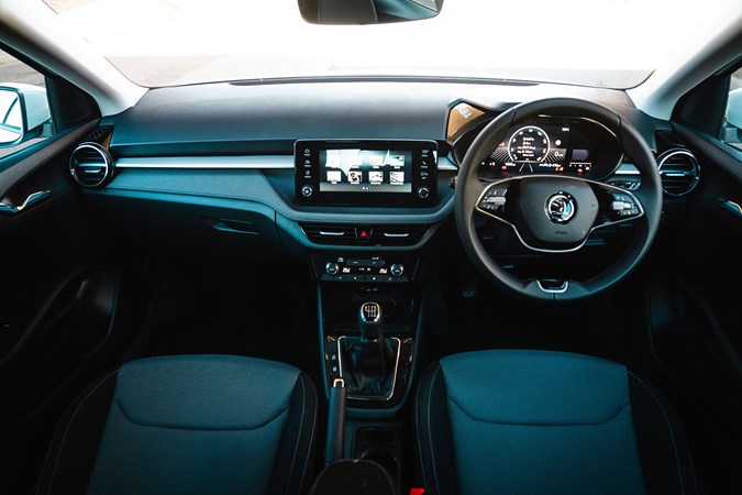 Skoda Fabia (2025) review: dashboard and infotainment, black and grey upholstery