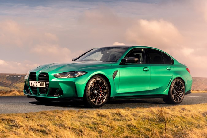 BMW M3 review: front three quarter static, green paint