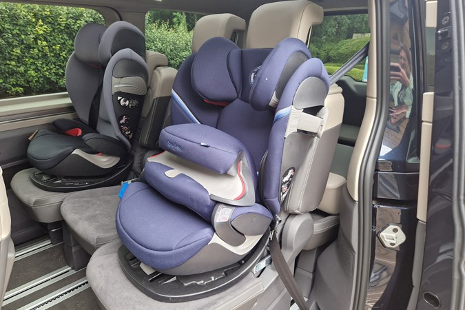 VW Multivan review, blue eHybrid, child seats fitted in middle row, Bauer exclusive image