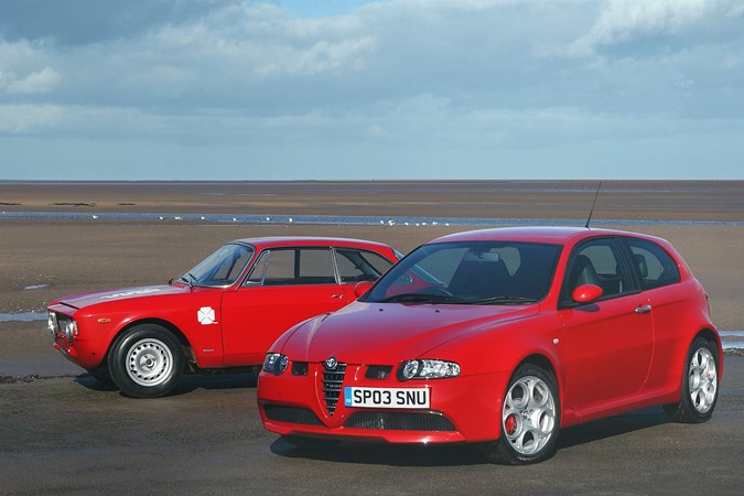 Alfa Romeo 147 GTA, with a classic Alfa Romeo, red, static, front three-quarters | WCPGW