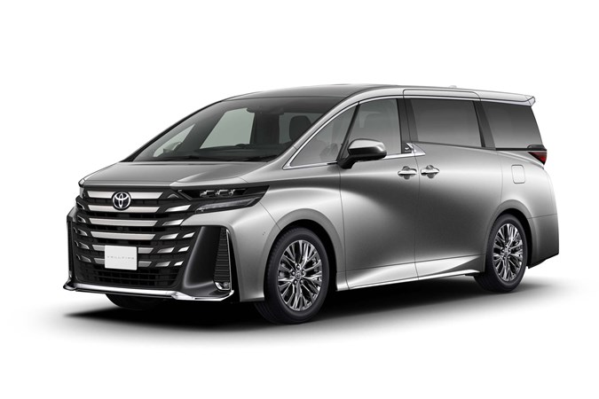 Studio image of a grey Toyota Alphard Vellfire, viewed from front left corner