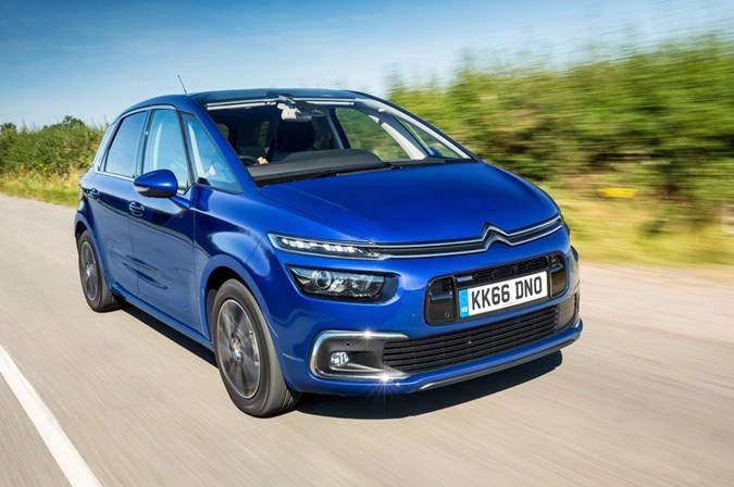 Image of a blue Citroen C4 Picasso, viewed from the front right corner while driving