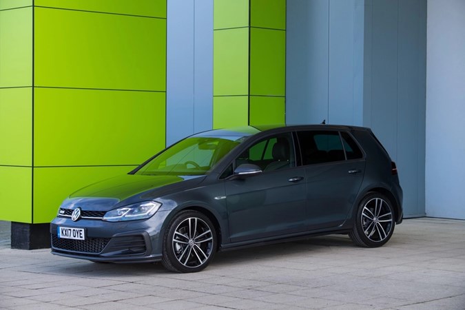 Image of a grey Volkswagen Golf GTD, viewed from the front left corner while static