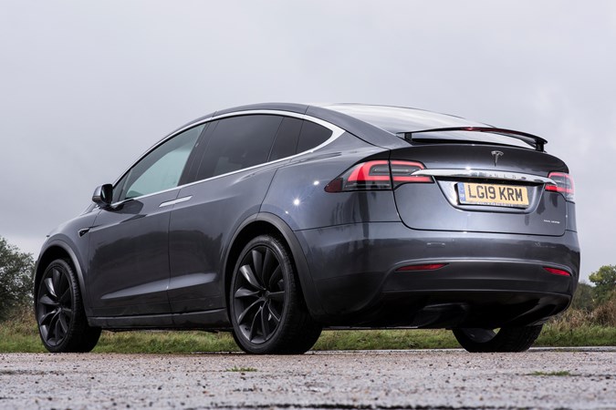 Grey 2019 Tesla Model X SUV rear three-quarter