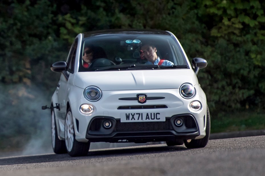 Abarth 595 (2022) review: hard cornering, handbrake turn, white car