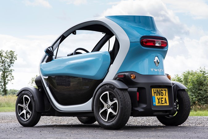 Blue and white 2018 Renault Twizy coupe rear three-quarter