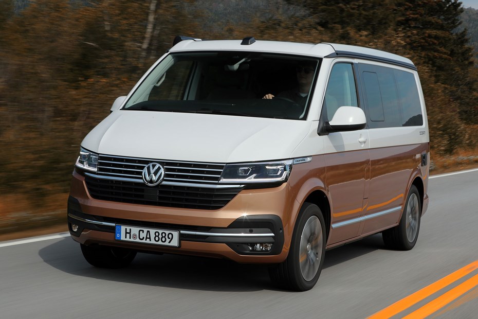VW California review - 2019 T6.1 model, front view, driving, two-tone paint