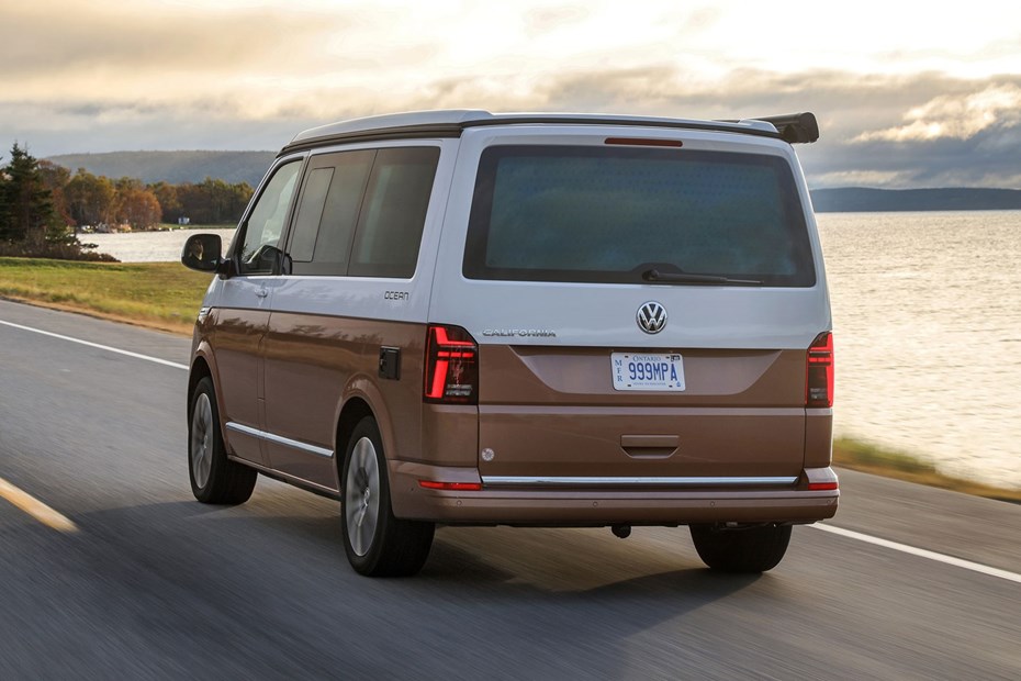 VW California review - 2019 T6.1 model, rear view, driving, two-tone paint