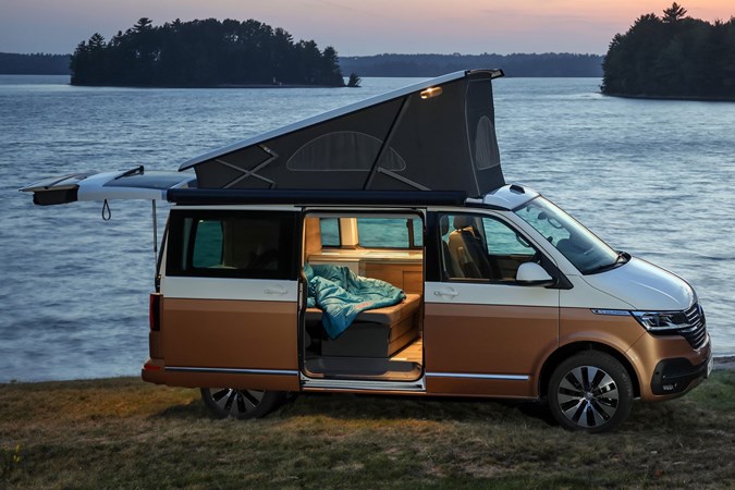 VW California review - 2019 T6.1 model, camping at dusk, tailgate open