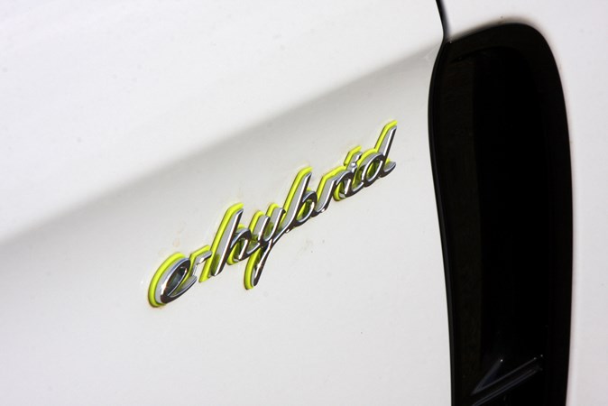 Porsche Panamera Hybrid badge, side