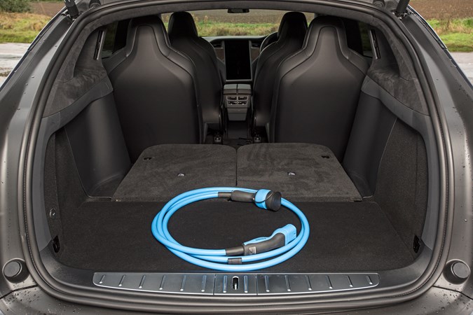 Grey 2019 Tesla Model X SUV rear boot with third-row seats folded