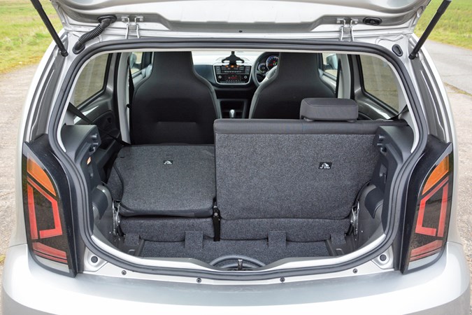 Silver 2020 Volkswagen e-Up boot with rear seats partially folded
